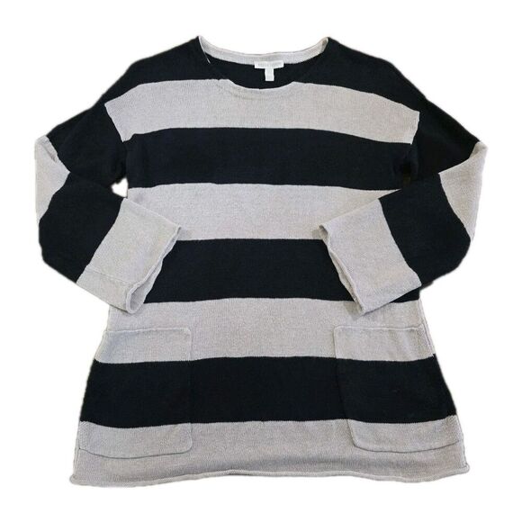Eileen Fisher Organic Linen Sweater Women Size XXS Striped Beige Coastal Preppy - Picture 10 of 11